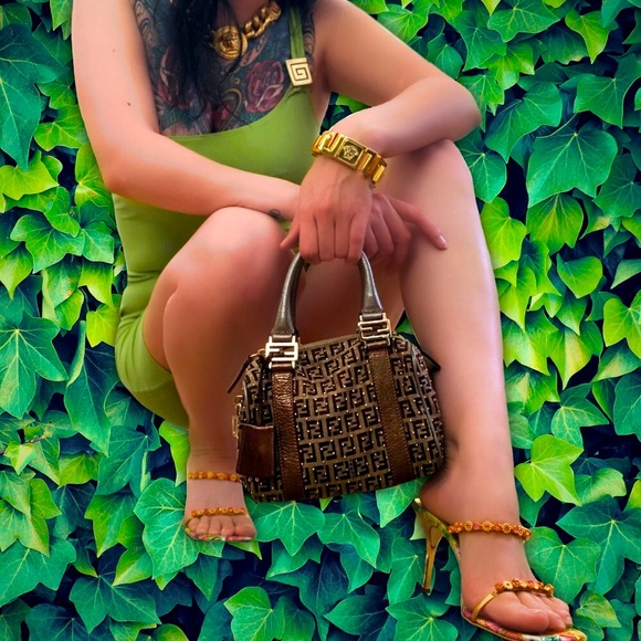 Versace Vintage Neon Lime Green Gold Greek Key Logo One Shoulder Mini Dress - Picture 9 of 11